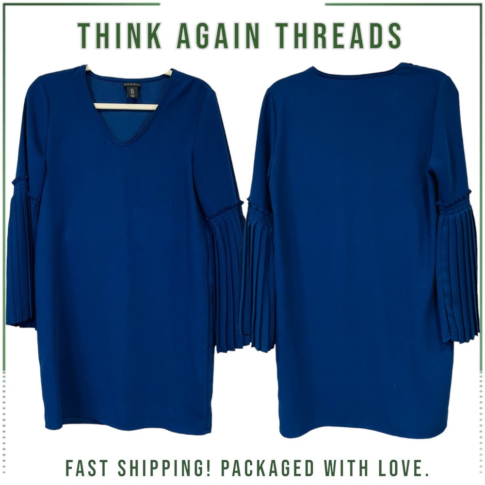 Tahari Pleated Bell Sleeve V Neck Women's Shift Dress Blue Size 6